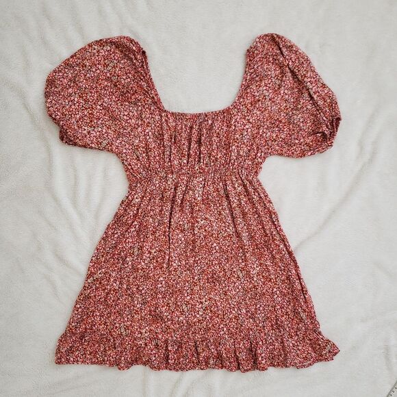 Floral Flowy Mini Short Dress Puff Sleeves Red Size Small - Picture 4 of 9